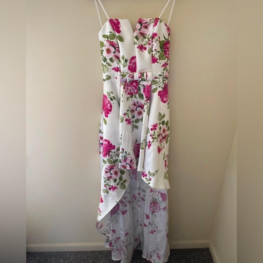 Windsor Floral Ivory and Pink Strapless High Low gown
